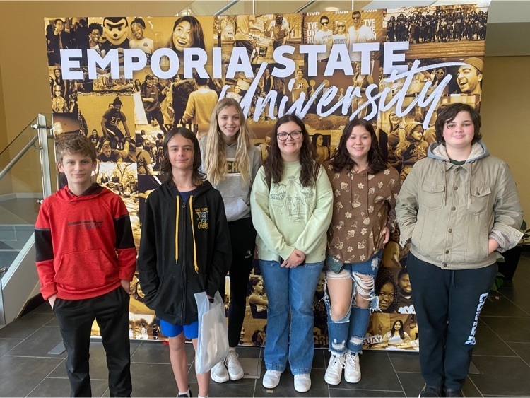 students pose in front of a background at emporia state university 
