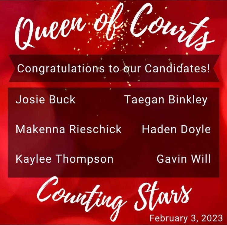 Queen of courts counting stars February 3, 2023. Congrats to the candidates: Josie Buck, Makenna Rieschick, Kaylee Thompson, Taegan Binkley, Haden Doyle, Gavin Will  
